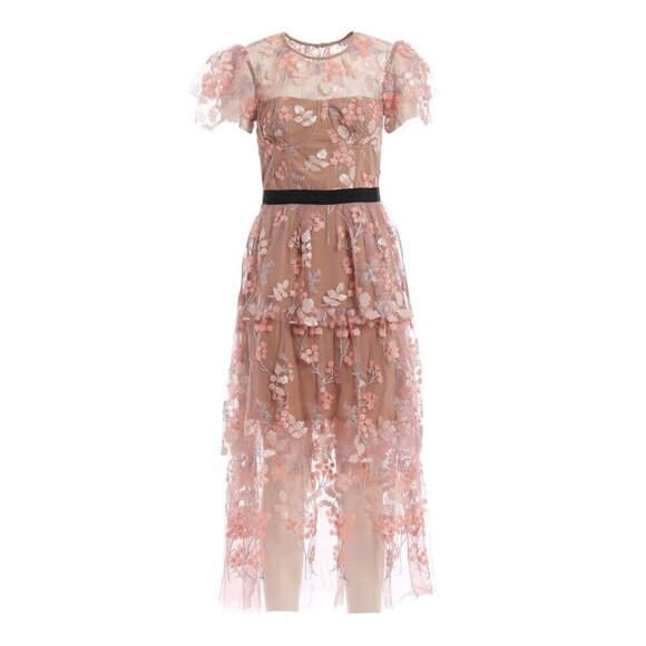 Self-Portrait Lace And Sequin Floral Midi Dress Size US 4 Pink $550 - Picture 15 of 16